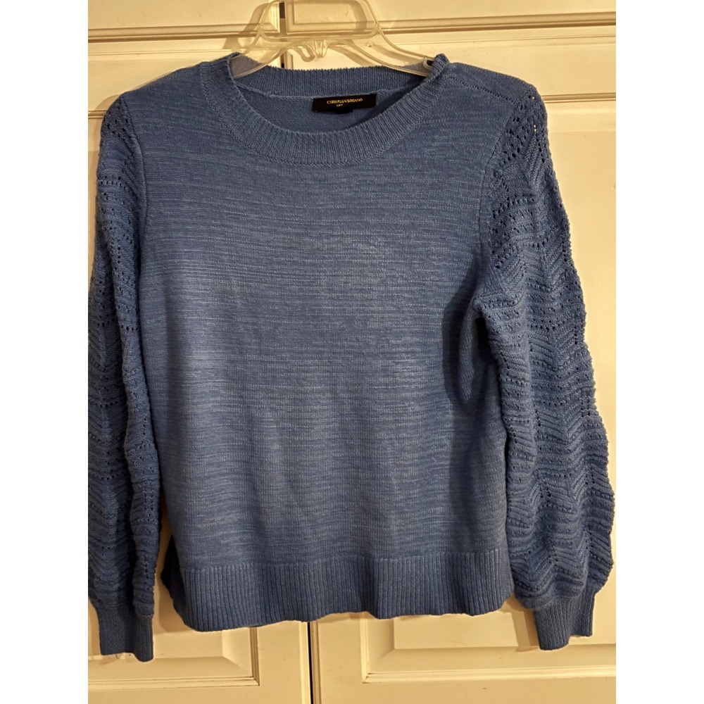 Christian Siriano New York Womens Blue‎ Pointelle Sleeve Crewneck Sweater Size M